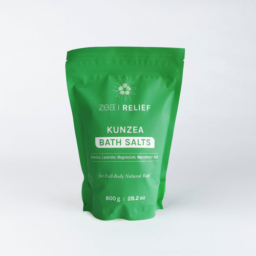 Green package of Kunzea Bath Salts with 'Zea Relief' branding on a white background