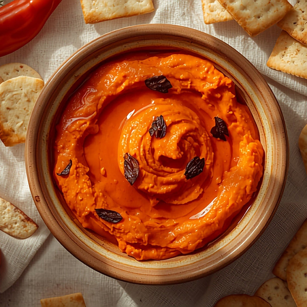 Overhead view of Roasted Capsicum and Lemon Myrtle Dip in a rustic bowl with a swirl of olive oil, charred capsicum pieces on top, cherry tomatoes and crackers scattered around on linen