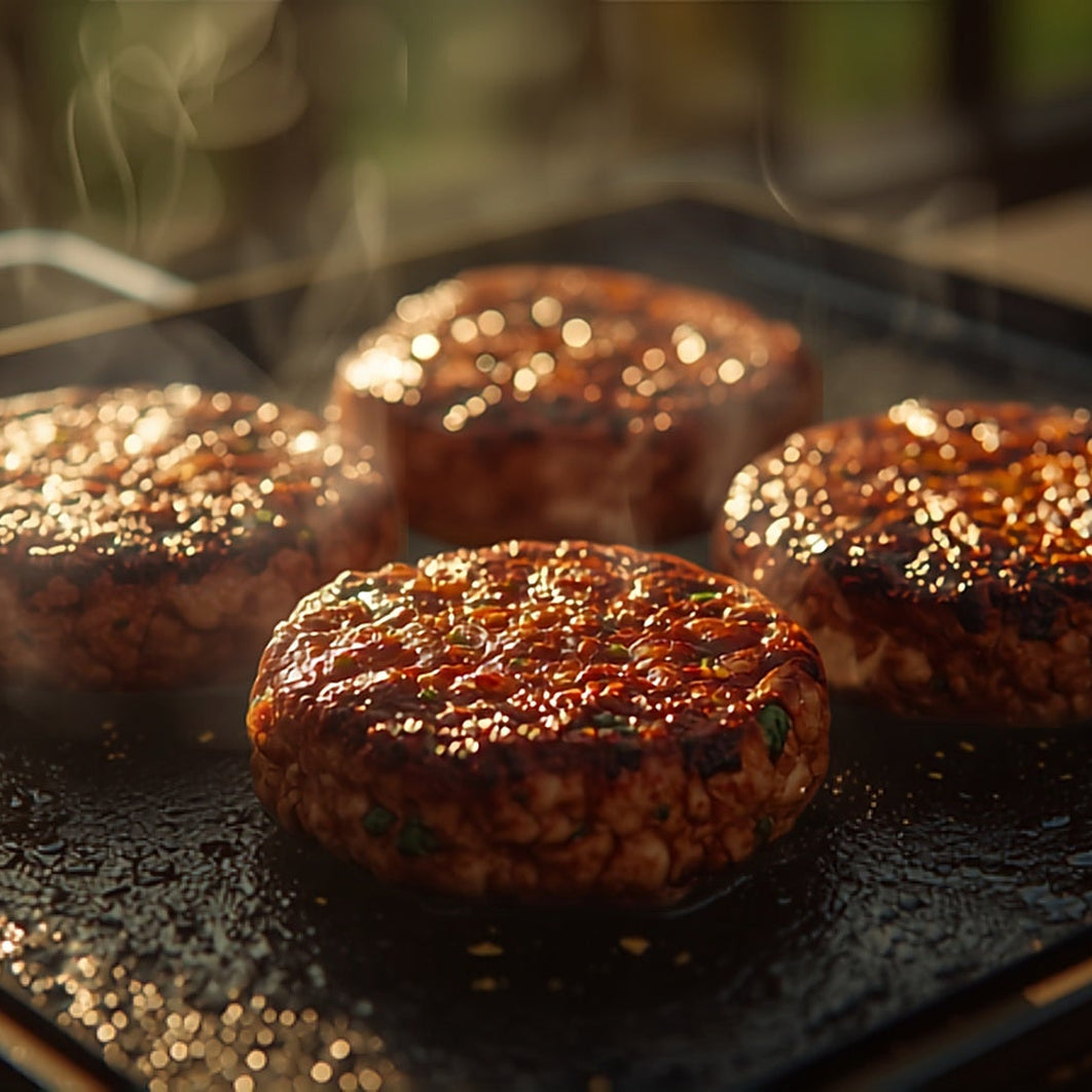 Pork burger patties with a golden dukkah-spiced crust sizzling on a hot barbecue flat-top hotplate in warm backyard afternoon light