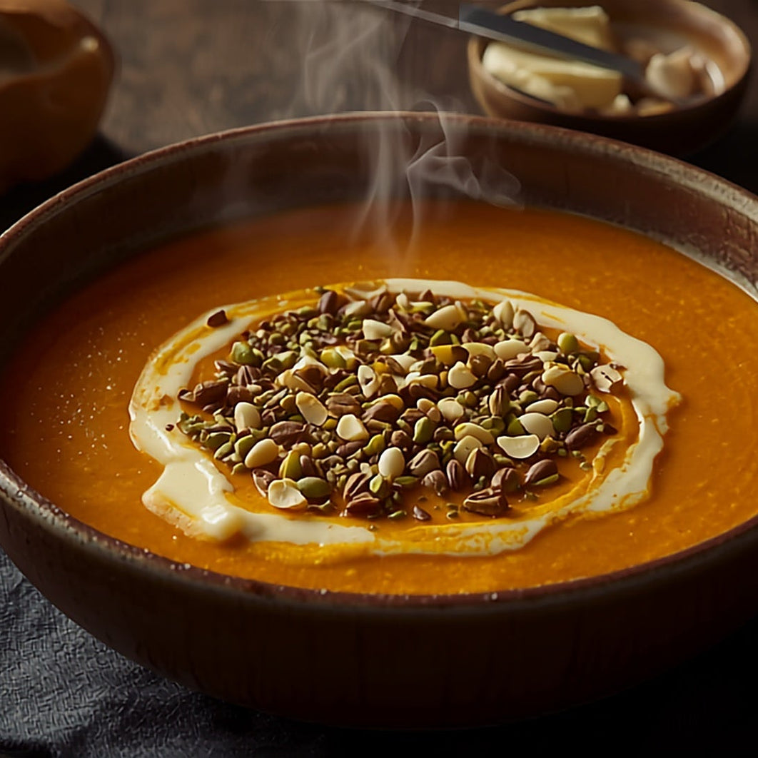 Overhead-angle bowl of deep orange Dukkah Pumpkin Soup with a swirl of cream and a generous scatter of Australian Native Bush Dukkah, served with torn crusty bread and salted butter