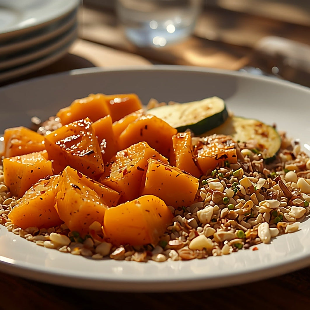 A platter of roasted pumpkin and zucchini scattered with Australian Native Bush Dukkah on an outdoor table in spring sunshine
