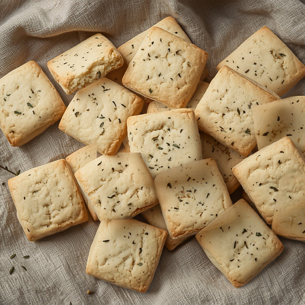Pale Kunzea and Lemon Myrtle shortbread squares flecked with fine green native leaf, piled on linen over a timber table