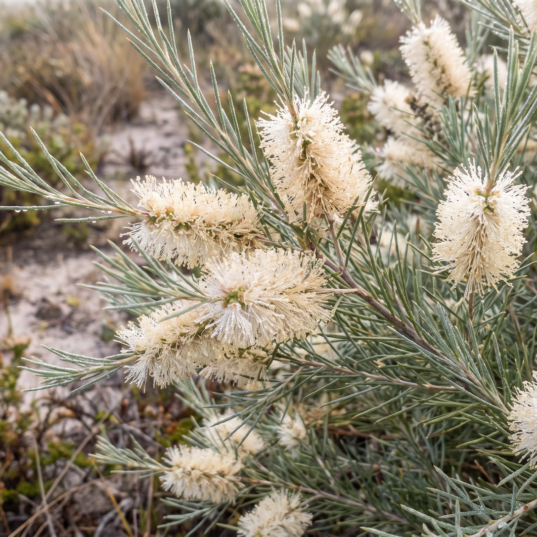 Flowering Melaleuca teretifolia (Honey Myrtle) with cream bottlebrush blossom in Western Australian coastal heath