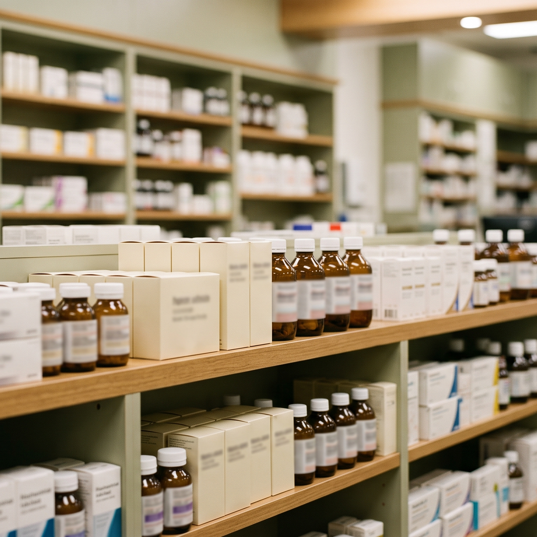 A pharmacy dispensary shelf of unbranded medicine packaging, representing goods regulated under the ARTG